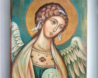 Icono de ángel guardián hecho a mano de 6''x8'', arte mural ortodoxo griego, decoración religiosa
