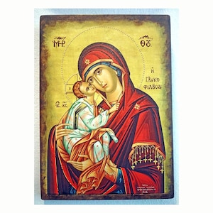 Virgen María Glikofilousa, icono griego hecho a mano, 20 x 28 cm (8 x 11 pulgadas), icono cristiano bizantino ortodoxo de Panagia, icono de regalo religioso.