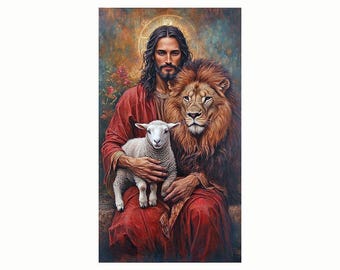 May include: A religious painting depicts a man in a red robe holding a lamb and seated next to a lion. The man has long dark hair and a halo. The lion has a brown mane. The background has a warm, golden glow.