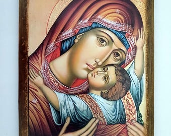 Handmade Virgin Mary and Jesus Icon, Greek Orthodox, Byzantine Art (6''X8''in)