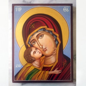 Icono ortodoxo griego pintado a mano de Glikofilousa, icono ortodoxo griego de Panagia con pan de oro, regalo religioso cristiano de la Virgen María