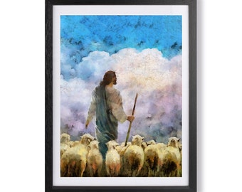 Pintura em aquarela de Jesus, o Bom Pastor, arte cristã para parede (download digital)