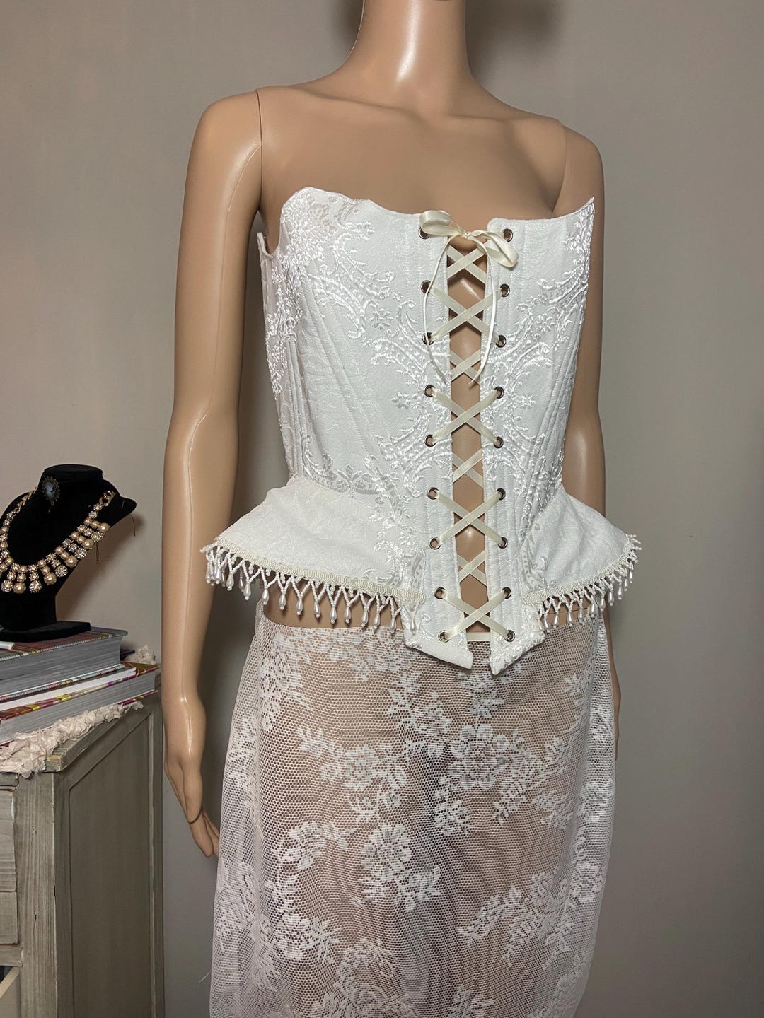 Handmade White Bridal Corset: Beaded Trim, Hourglass Shape - Etsy