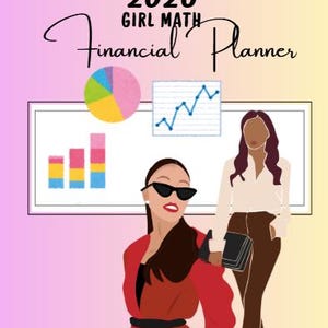 Könnte beinhalten: Ein 2026 Girl Math Finanzplaner mit einem bunten Tortendiagramm, Balkendiagrammen und einem Liniendiagramm. Das Cover zeigt Illustrationen von zwei Frauen in Business-Kleidung vor einem rosa-gelben Farbverlauf. Der Titel ist in schwarzer Schrift.