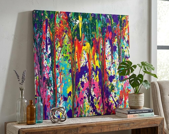 SummerBurst Vibrant Abstract Wall Art, Colorful Paint-Pour Painting, Modern Living Room Decor (16x20)