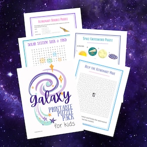 May include: A printable puzzle pack for kids with a galaxy theme. The pack includes a space crossword puzzle, a solar system seek and find puzzle, an astronaut double puzzle, and a help the astronaut maze.