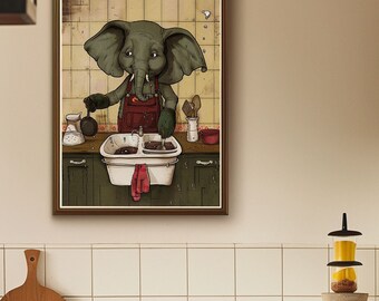 Cartoon Elephant Washing Dishes Art Print: Digital Download