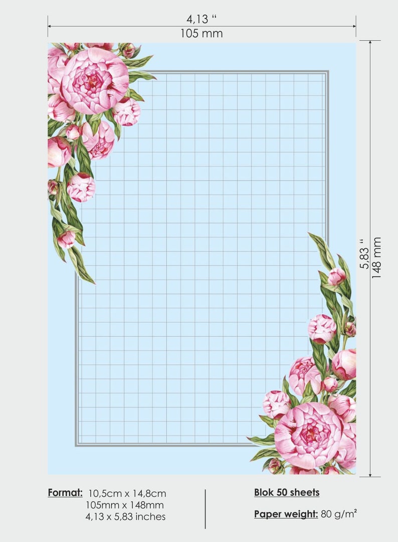Stationery Notes Peony Notepad Illustrated Notepad Handmade Memo 10.5x14,8 cm 50 sheets,FORMAT A6 Cute Memo Pads Notes