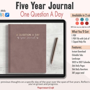 5 Year Journal, Five Year Journal Digital, Five Year Diary, One Question A Day Journal, Goodnotes Notability iPad Journal, Instant Download image 1