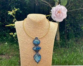 Gargantilla de latón con labradorita hecha a mano, collar de cristal bohemio, joyería de labradorita natural