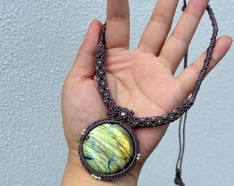 Collar de macramé con labradorita tejido a mano, collar llamativo bohemio, ajustable,