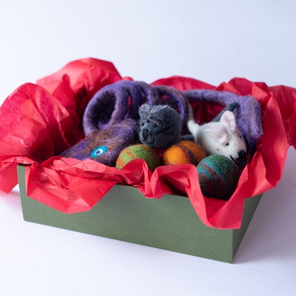 Felt Cat Toy Gift Box, Fish, Mice, Balls, Wooly Mice Cat Toys, Interactive Cat Toys, Handmade Wool Felted Toy, Pet Lovers Gift Pack