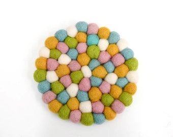 Handcrafted Multicoloured Felt Ball Coasters Jellybean,  Set of 6, Absorbent Wool, Perfect for Drinks, Ideal Christmas & Housewarming Gift