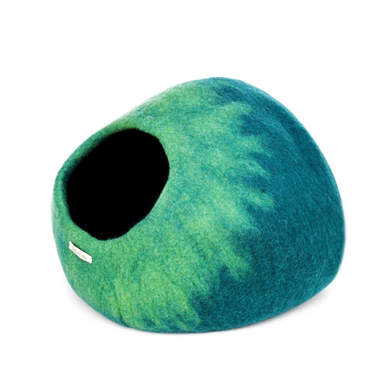 Large Sea Green Cat Cave Bed, Walking Palm, Handfelted Wool, Cozy Pet Bed for Cats, Eco Cat