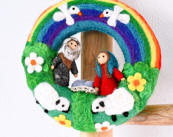 Handmade Christmas Rainbow Nativity Wreath, Felt Wool Daisy Flower Wreath, Felt Easter Wreath