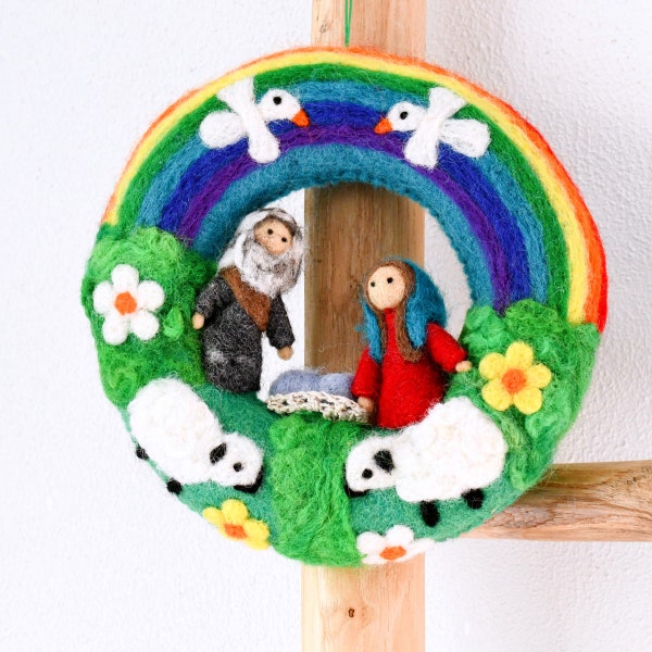 Handmade Christmas Rainbow Nativity Wreath, Felt Wool Daisy Flower Wreath, Felt Easter Wreath