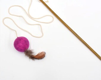 Natural Wool Felt, Feather Teaser Ball Cat Wand with Fuzzy Ball, Magenta Colour Cat Teaser