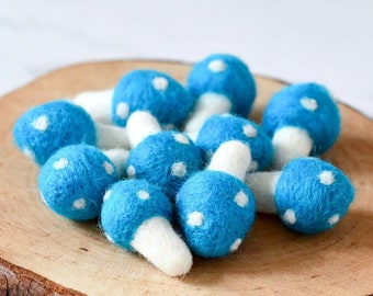 Handmade Felt Blue Mushroom Decor, Felted Mushroom Garland, Wool and Felt Balls, Felt Safe Toys for Babies, Learning Toys for Baby