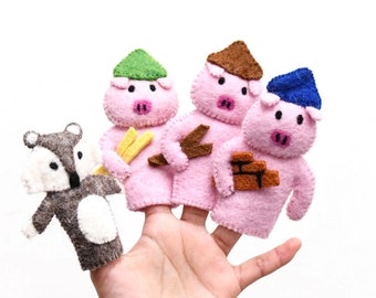 Three Pink Colour Little Pigs, Finger Puppet,Imaginative Play, Wool Felt Pigs Puppets, Animal Puppets