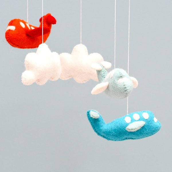 Felt Airplanes Mobile Hanging for Newborn Gift, White Cloud Mobile Nursery, Play Gym Hanging Toy, Baby Crib Mobile