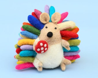 Colourful Wool Felt Hedgehog, Mushroom Hedgehog, Felt Handmade Easter Felted Animal