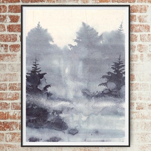 Hochwertiger Druck der original Tusche-Buchillustration "Die Nebelwaldlichtung", grauer Kiefernwald Kunstdruck voller Nebel, Baum Poster