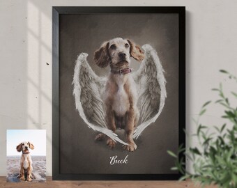 Puede incluir: Una pintura de un perro marrón y blanco con alas de ángel blancas. El perro está sentado y mirando hacia arriba. La pintura tiene un fondo marrón y el nombre "Buck" está escrito en blanco en la parte inferior.