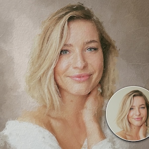 May include: A portrait of a woman with blonde hair, wearing a white top. The image is painted in a textured style, giving it a vintage look.