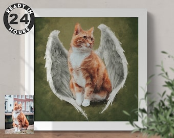Pet memorial gift. Angel wings. Personalized cat portrait from photo. Custom digital oil painting from photo. Cat loss gift. Cat memorial.