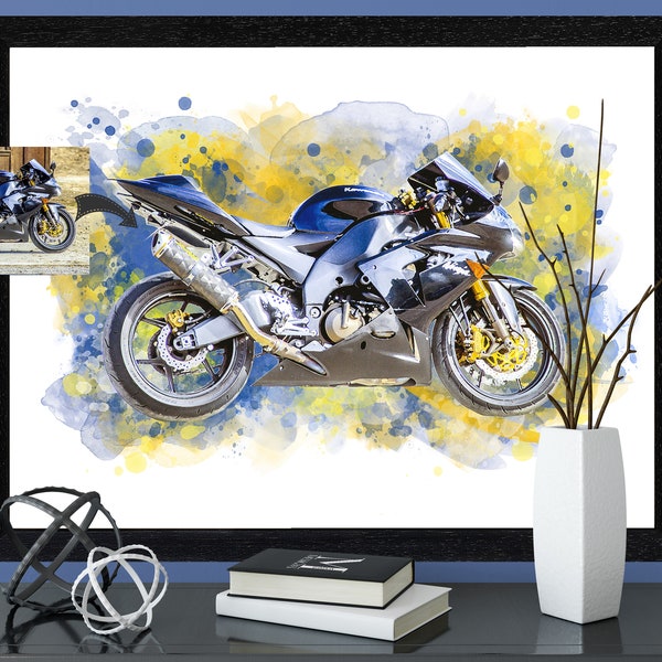 Custom gift for biker. Personalised motorbike portrait. Motorcycle gift for bike rider. Motorcycle Custom portrait from photo. Gift for him.