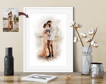 Portrait de couple à l'aquarelle. Peinture numérique à l'aquarelle personnalisée à partir d'une photo, portrait personnalisé. Cadeau d'art mural pour anniversaire de mariage.