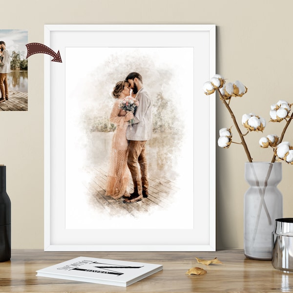 Couples watercolour portrait. Personalised Watercolour Digital Painting art from photo, custom portrait. Wedding anniversary wall art  gift.