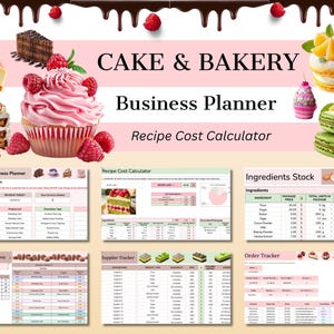 Può includere: Un pianificatore aziendale digitale per pasticceria e panetteria con un tema rosa e bianco. L'immagine presenta vari prodotti da forno, tra cui un cupcake, una cheesecake e macarons. Il pianificatore include sezioni per il calcolo dei costi delle ricette, il monitoraggio degli ingredienti e la gestione degli ordini.