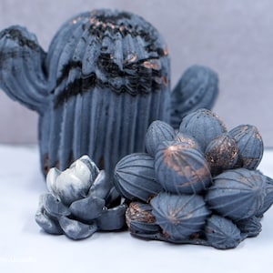 May include: A set of three gray concrete succulent planters. The largest planter is shaped like a cactus with a textured surface. The other two planters are smaller and shaped like rosettes. All three planters have a subtle metallic sheen.