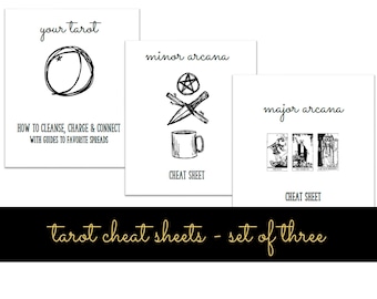 May include: Set of three black and white tarot cheat sheets. The first sheet is titled "your tarot" and includes a circle with a star inside. The second sheet is titled "minor arcana" and includes a pentagram, two crossed swords, and a mug. The third sheet is titled "major arcana" and includes three tarot cards.