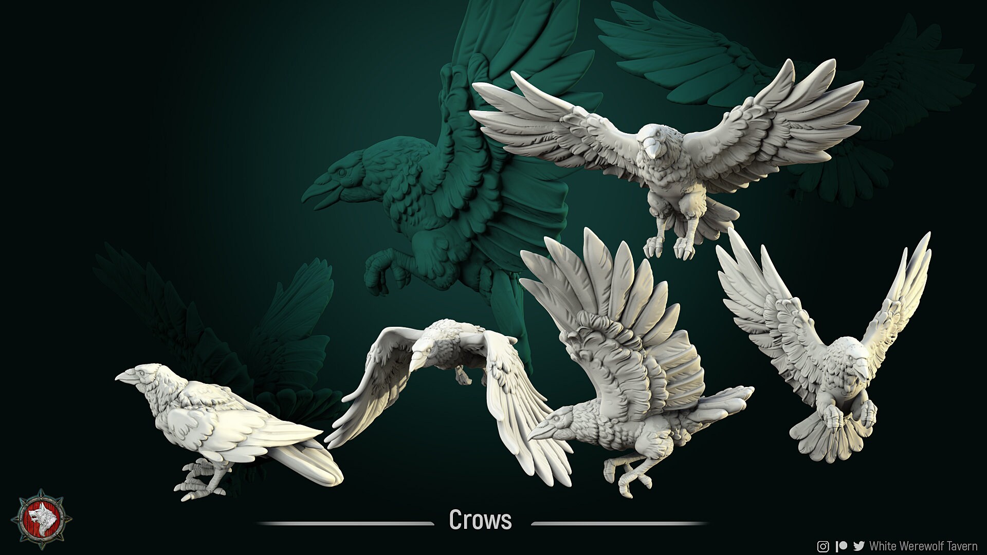 White Werewolf Tavern " Murder of Crows " 5 Unique Crow Set
