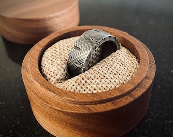 Hand forged Damascus steel ring with walnut box