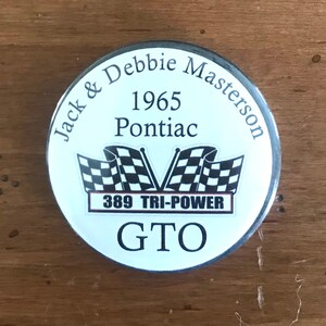 389 Tri-Power Pontiac custom button with year and 2 lines of text