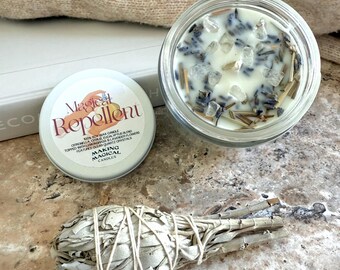 Intention Candle for Shedding the Past & Renewal: Magical Repellent. 100% Natural Soy Wax featuring Clear Quartz Crystals