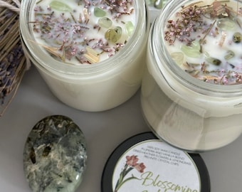 Intention Candle for Deep Transformation, Insight & Healing the Heart: Blossoming and Healing. 100% Natural Soy Wax featuring Phrenite