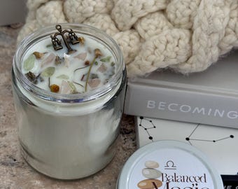 Intention Candle for Reclaiming Equilibrium and Harmonizing Your Heart: Balanced Magic. 100% Natural Soy featuring Rose Quartz & Phrenite