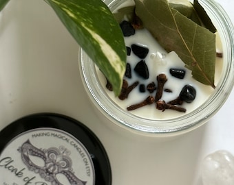Intention Candle for Protection & Strength: Cloak of Protection. Natural Soy Wax Candle featuring Black Tourmaline Crystals