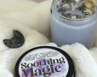 Intention Candle for Stress Relief & Tranquility: Soothing Magic. 100% Natural Soy Wax featuring Howlite Crystals