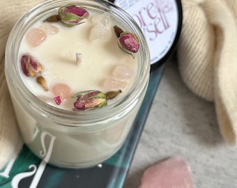 Intention Candle for Love, Self Worth, and Opening the Heart Chakra: More Myself. 100% Natural Soy Wax Candle featuring Rose Quartz crystals