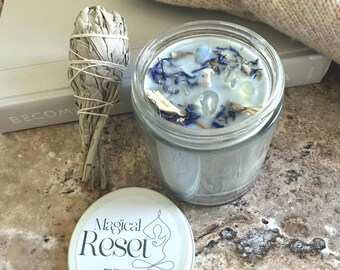 Intention Candle for Hopeful Transition: Magical Reset. Natural Soy Wax Candle featuring Opalite Crystals
