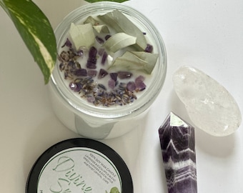Intention Candle for Peace & Spiritual Clarity: Divine Space. Natural Soy Wax Candle featuring Amethyst Crystals
