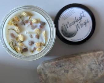 Intention Candle for Intuitive Healing: Moonlight Magic. 100% Natural Soy Wax Candle featuring Moonstone crystals.