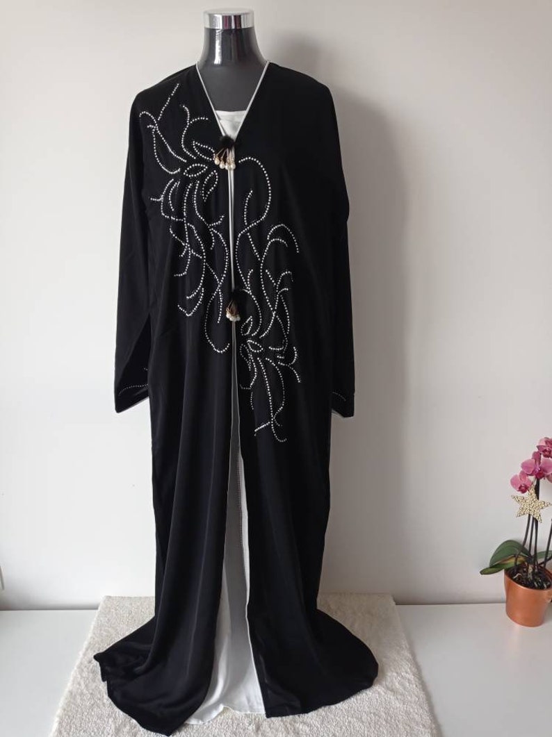 Kimono dress moroccan black and white Long oriental abaya dress with beads and flared sleeves