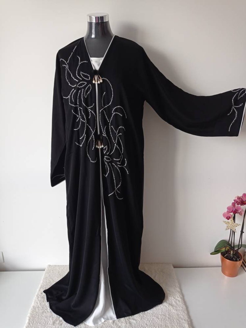 Kimono dress moroccan black and white Long oriental abaya dress with beads and flared sleeves