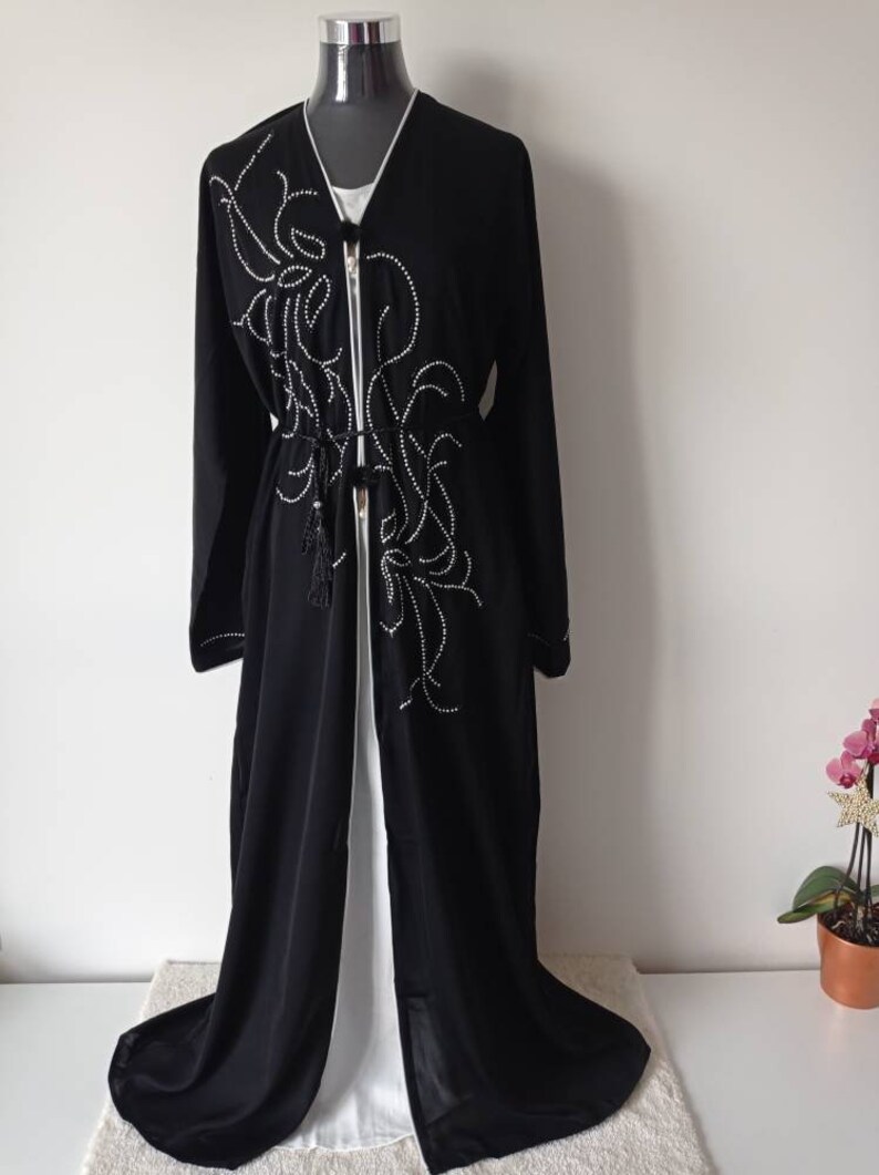 Kimono dress moroccan black and white Long oriental abaya dress with beads and flared sleeves